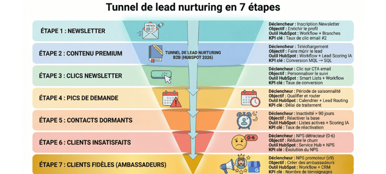 Infographie présentant les 7 scénarios de lead nurturing B2B, du premier contact à l’ambassadeur client